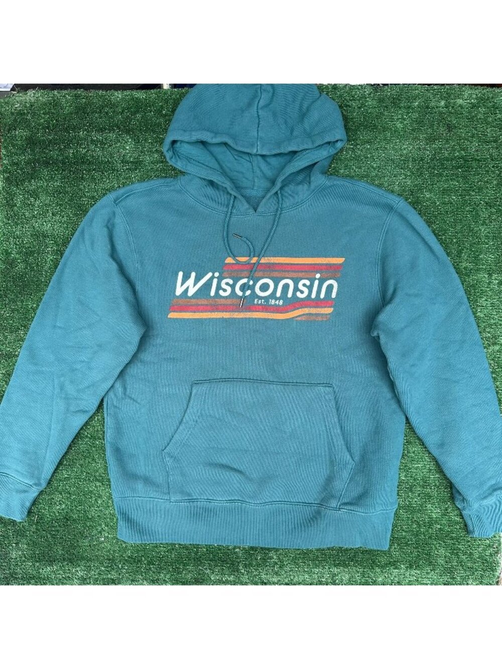 Vintage Y2K Wisconsin Hoodie Sweatshirt Teal Blue M Hiking Outdoor Gorpcore